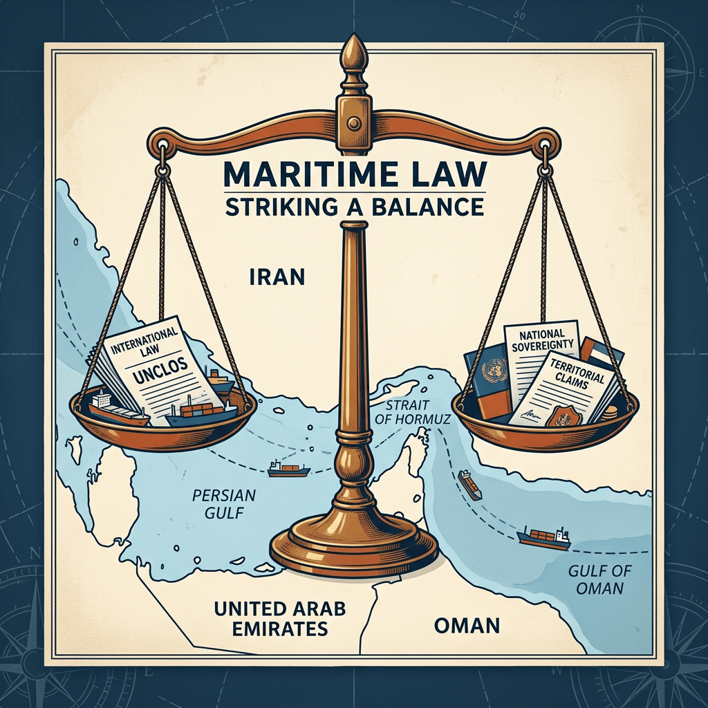 Balance scales with international maritime law documents on one side and national sovereignty papers on the other over a map of the Persian Gulf and Strait of Hormuz.
